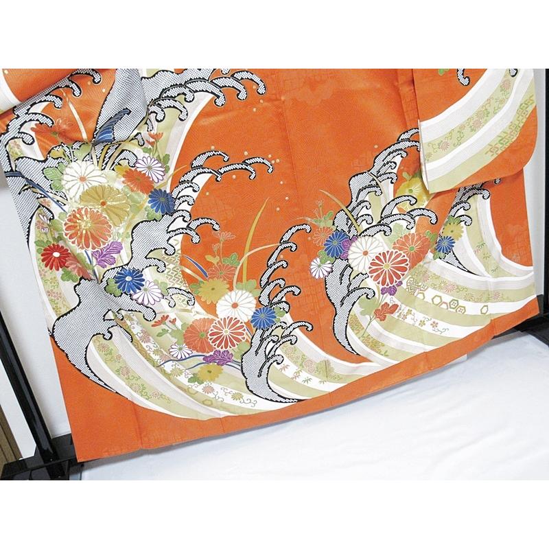 振袖 正絹 綸子 共八掛 金駒刺繍 なると波に菊 164cm前後ベスト 美品 