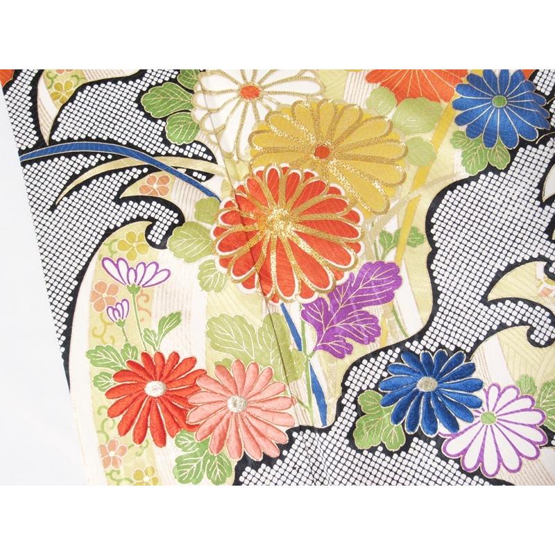振袖 正絹 綸子 共八掛 金駒刺繍 なると波に菊 164cm前後ベスト 美品 