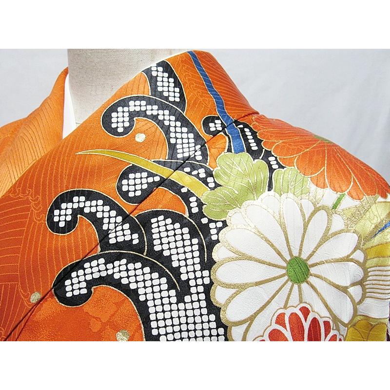 振袖 正絹 綸子 共八掛 金駒刺繍 なると波に菊 164cm前後ベスト  