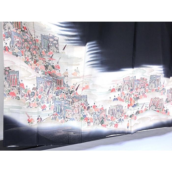 黒留袖 比翼(化繊) 平安御幸絵巻 落款付き 156cm前後ベスト : kimono