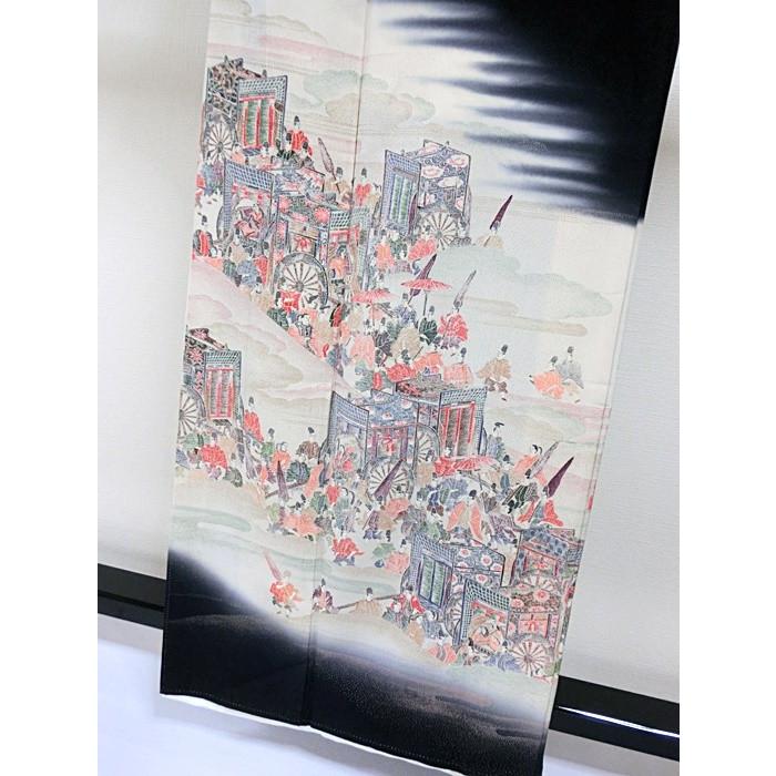 黒留袖 比翼(化繊) 平安御幸絵巻 落款付き 156cm前後ベスト : kimono