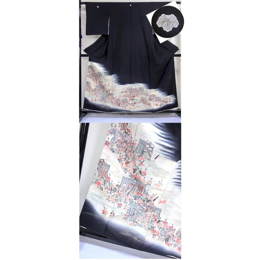 黒留袖 比翼(化繊) 平安御幸絵巻 落款付き 156cm前後ベスト : kimono