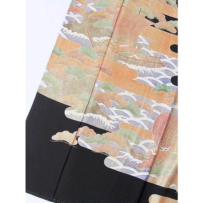 黒留袖 落款 正絹比翼 土佐霞に宝船 151cm前後ベスト 美品 : 060229-t2  