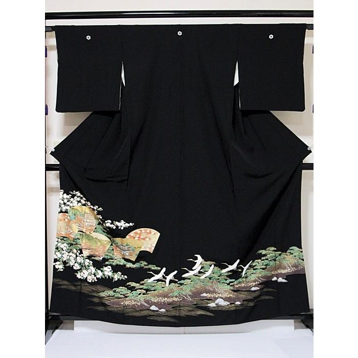 黒留袖 正絹一越 比翼 枝桜に地紙 波に松 鶴 163cm前後ベスト 美品  