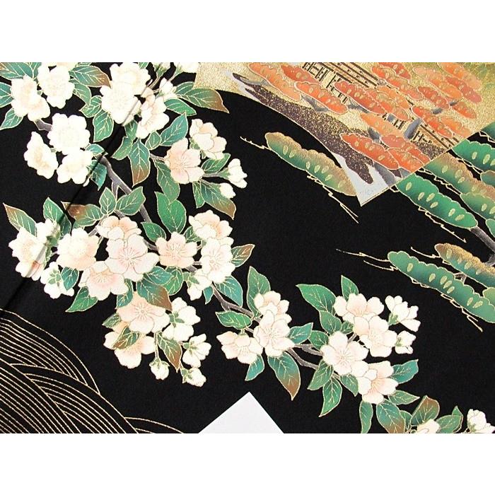黒留袖 正絹一越 比翼 枝桜に地紙 波に松 鶴 163cm前後ベスト 美品 