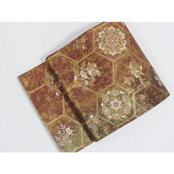 錦 袋帯】亀甲取りにオシドリ吉祥花華文 茶かかった臙脂【美品 