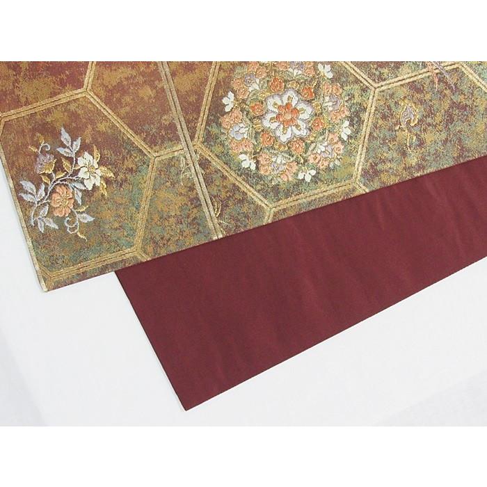 錦 袋帯】亀甲取りにオシドリ吉祥花華文 茶かかった臙脂【美品 