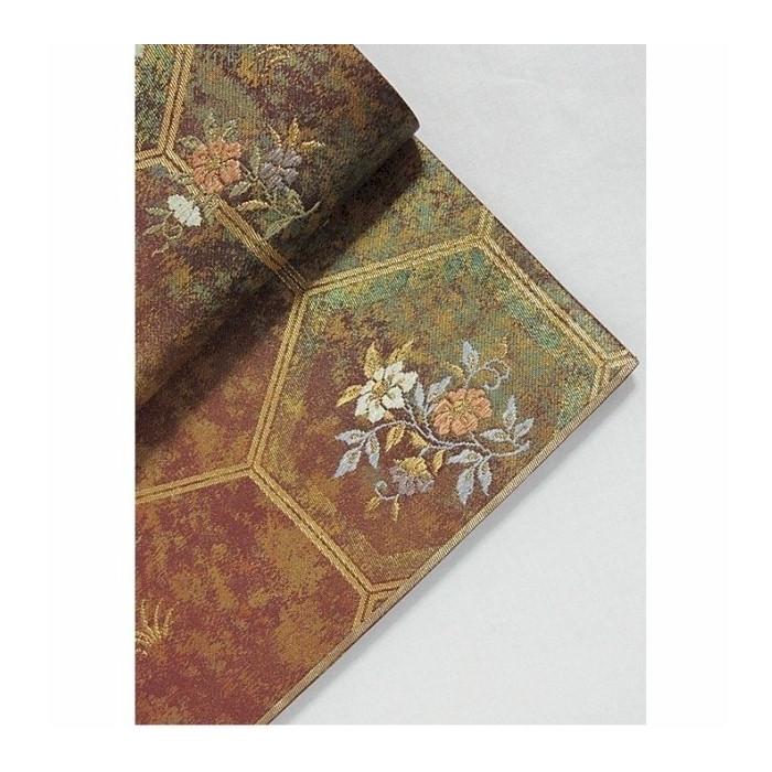 錦 袋帯】亀甲取りにオシドリ吉祥花華文 茶かかった臙脂【美品 