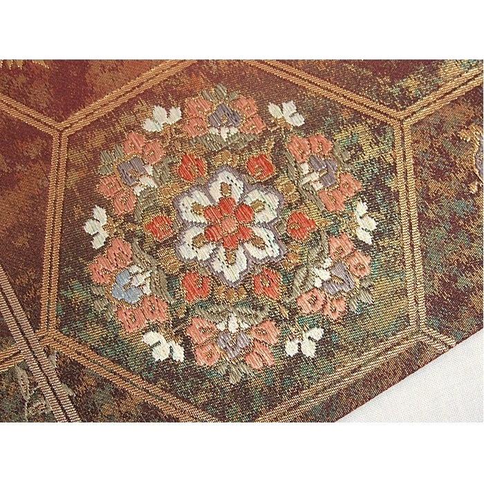 錦 袋帯】亀甲取りにオシドリ吉祥花華文 茶かかった臙脂【美品 