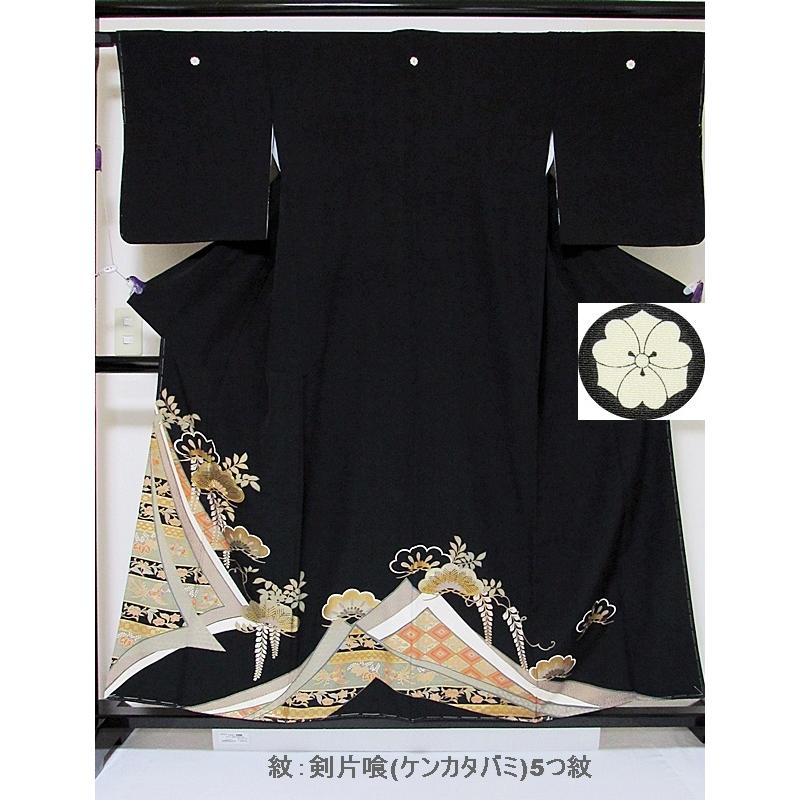 黒留袖 一越 未使用 仕付け 正絹比翼 刺繍 几帳波取り 光琳松に藤 