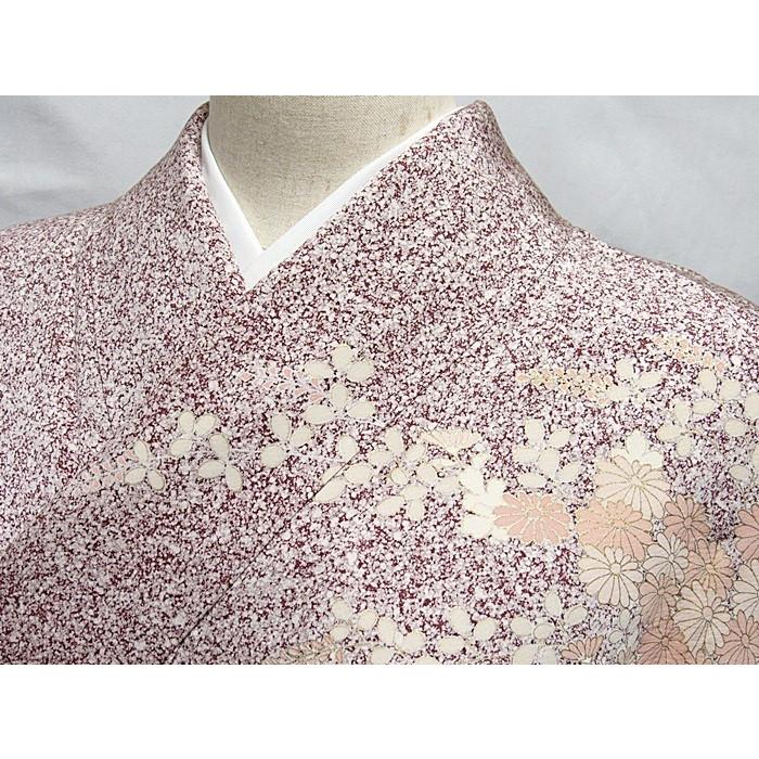 附下げ】袷着物 綸子 糊こぼし技法／刺繍 重ね衿付き／垣に菊／156cm 
