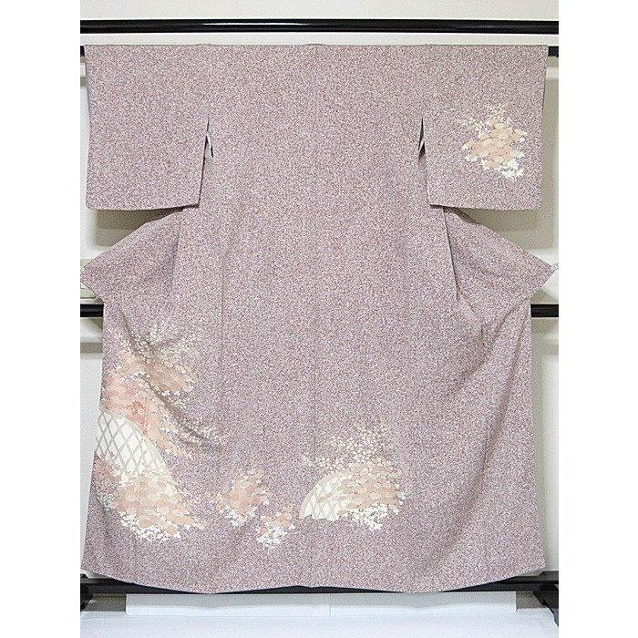 附下げ】袷着物 綸子 糊こぼし技法／刺繍 重ね衿付き／垣に菊／156cm 