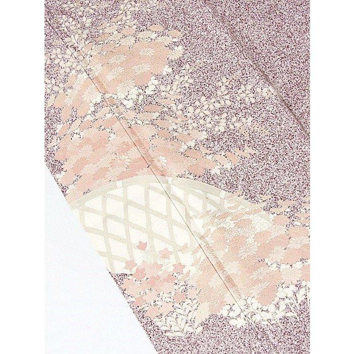 附下げ】袷着物 綸子 糊こぼし技法／刺繍 重ね衿付き／垣に菊／156cm 