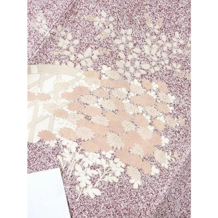 附下げ】袷着物 綸子 糊こぼし技法／刺繍 重ね衿付き／垣に菊／156cm 