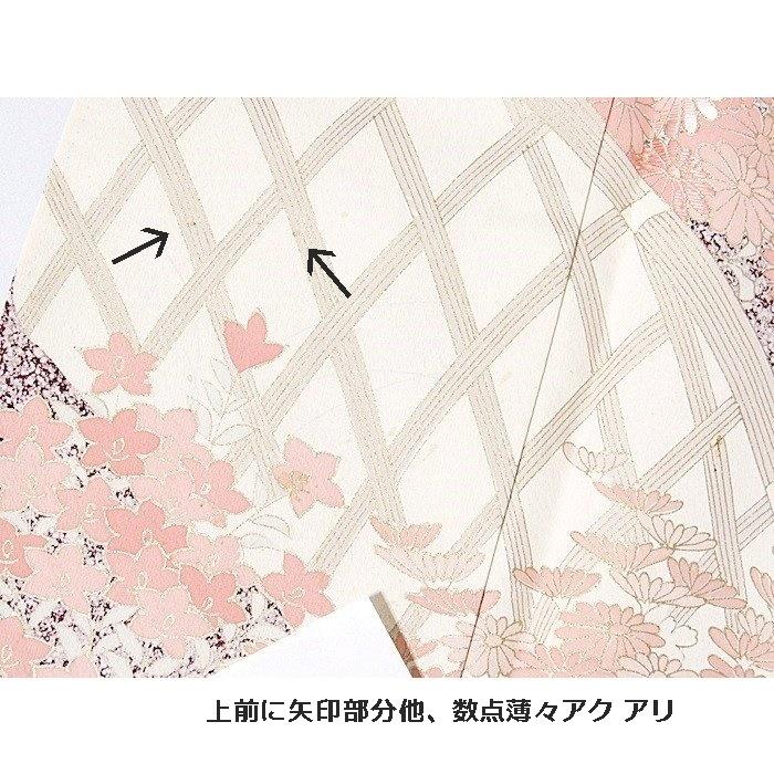 附下げ】袷着物 綸子 糊こぼし技法／刺繍 重ね衿付き／垣に菊／156cm 