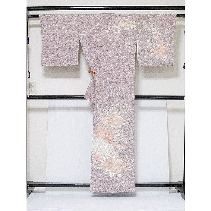 附下げ】袷着物 綸子 糊こぼし技法／刺繍 重ね衿付き／垣に菊／156cm 
