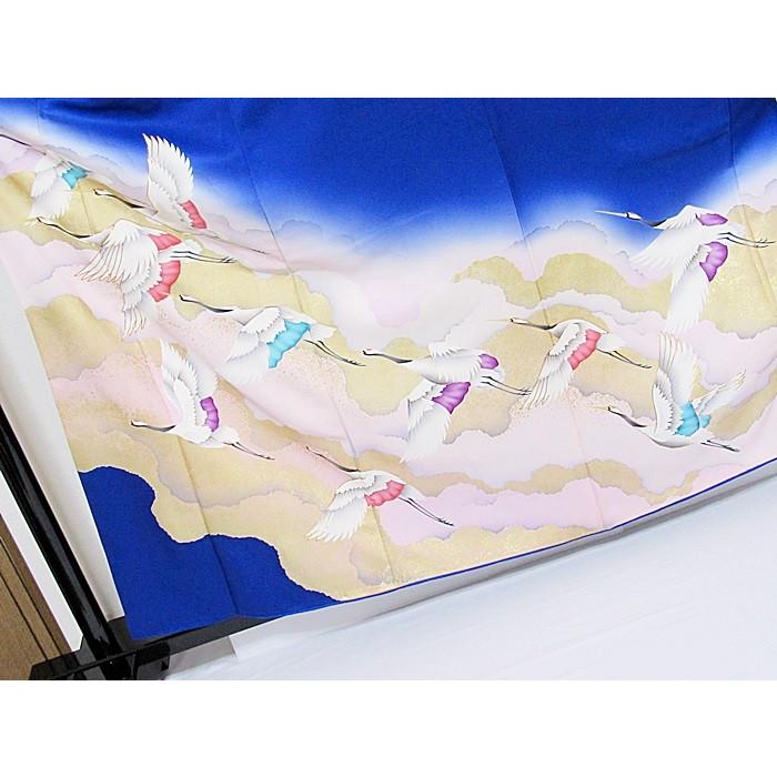 振袖 綸子 正絹 重ね衿 刺繍 枝垂れ桜 雲に鶴 ブルー ピンク濃淡 164cm 
