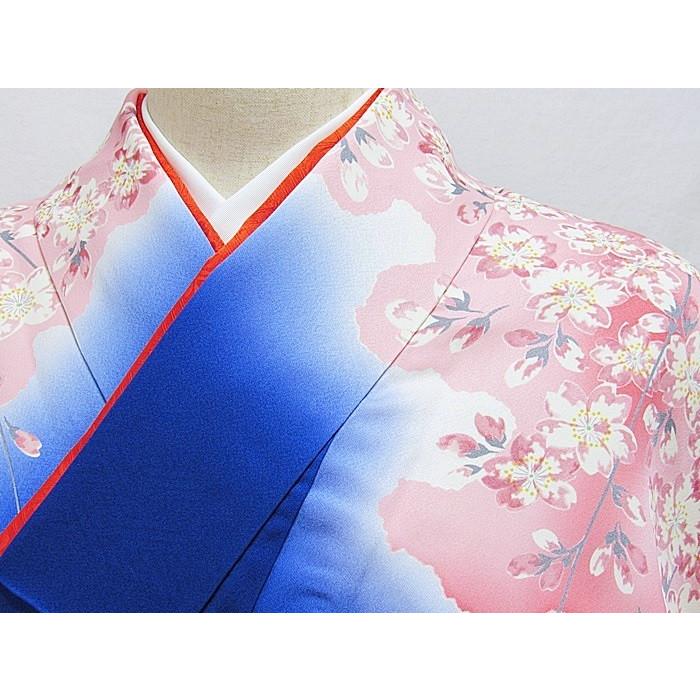 振袖 綸子 正絹 重ね衿 刺繍 枝垂れ桜 雲に鶴 ブルー ピンク濃淡 164cm 