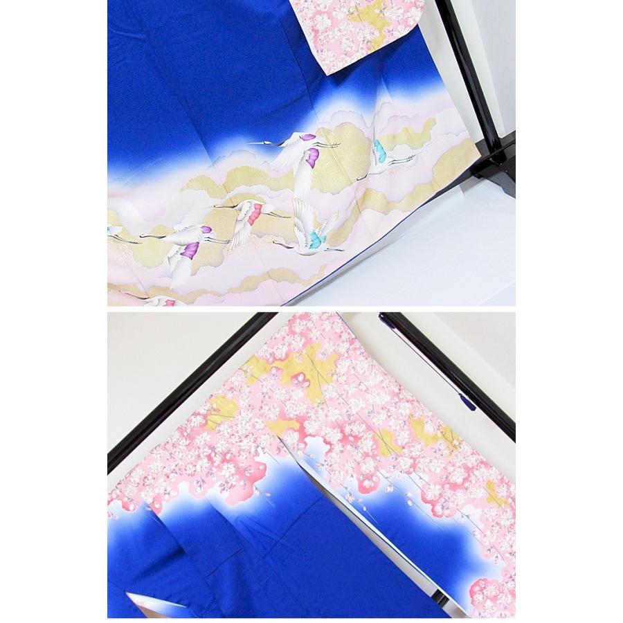 振袖 綸子 正絹 重ね衿 刺繍 枝垂れ桜 雲に鶴 ブルー ピンク濃淡 164cm 
