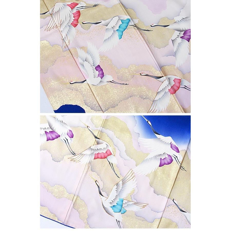 振袖 綸子 正絹 重ね衿 刺繍 枝垂れ桜 雲に鶴 ブルー ピンク濃淡 164cm 