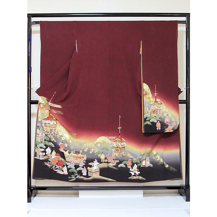 振袖 未使用 正絹一越 共八掛 幾久重袖 東山に鉾(祇園祭) 海老茶 152cm  