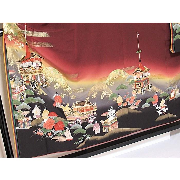 振袖 未使用 正絹一越 共八掛 幾久重袖 東山に鉾(祇園祭) 海老茶 152cm  