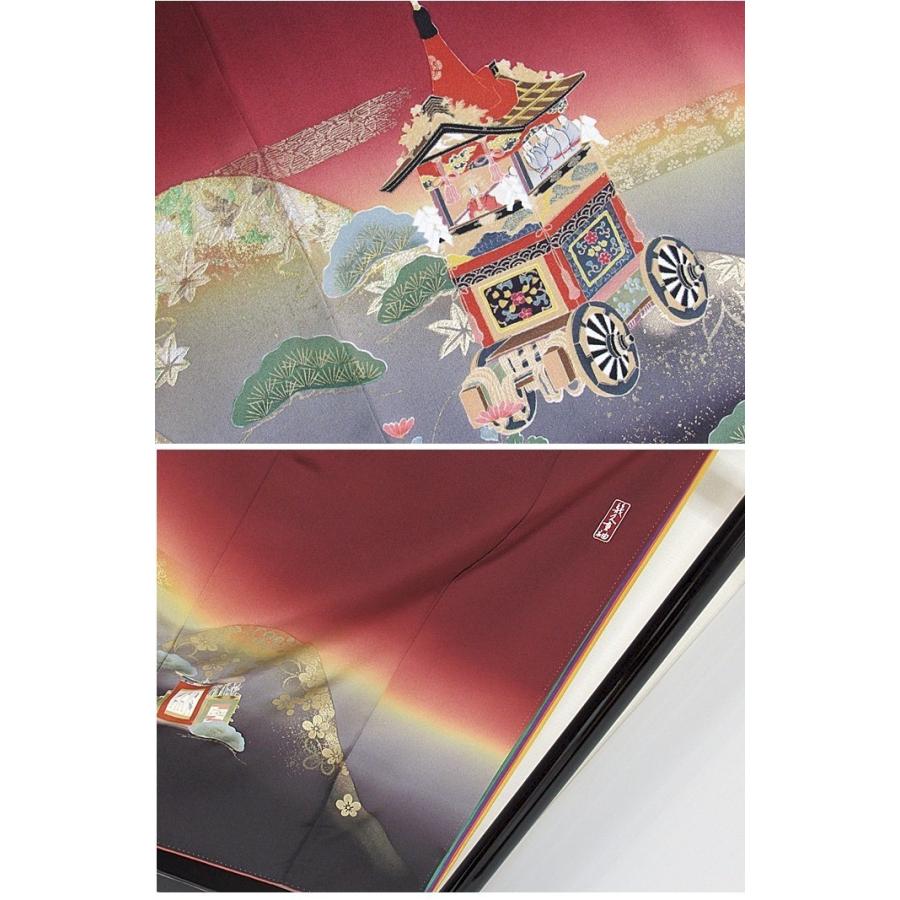 振袖 未使用 正絹一越 共八掛 幾久重袖 東山に鉾(祇園祭) 海老茶 152cm