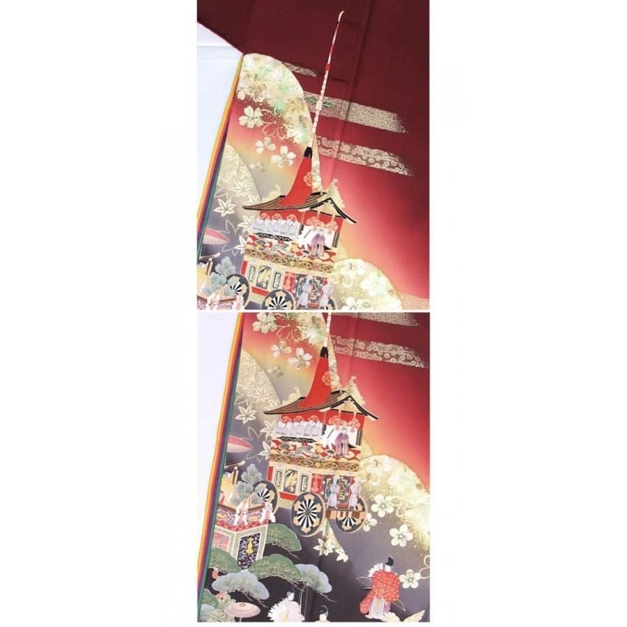 振袖 未使用 正絹一越 共八掛 幾久重袖 東山に鉾(祇園祭) 海老茶 152cm