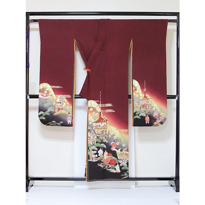 振袖 未使用 正絹一越 共八掛 幾久重袖 東山に鉾(祇園祭) 海老茶 152cm  