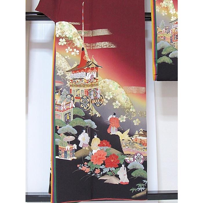 振袖 未使用 正絹一越 共八掛 幾久重袖 東山に鉾(祇園祭) 海老茶 152cm  