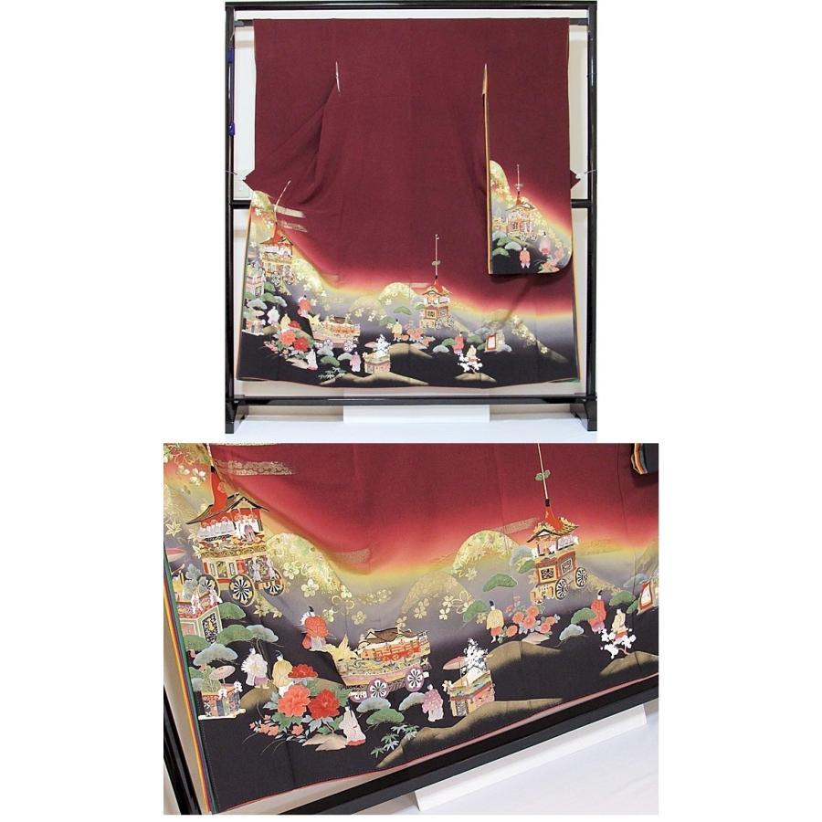 振袖 未使用 正絹一越 共八掛 幾久重袖 東山に鉾(祇園祭) 海老茶 152cm