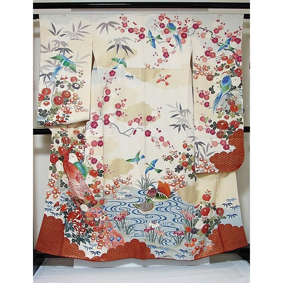 振袖 正絹 綸子 刺繍 孔雀に牡丹 四季花文 158cm前後ベスト 優品 振袖 正絹 綸子 刺繍 孔雀に牡丹 四季花文 158cm前後ベスト 美品