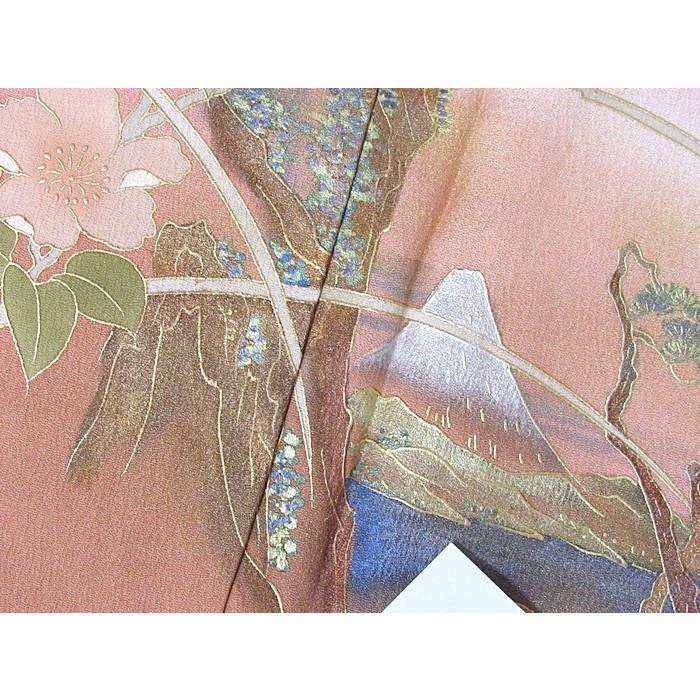 附下げ】袷着物 梨地 椿に富士 虹段暈かし／152cm前後ベスト☆ローズ