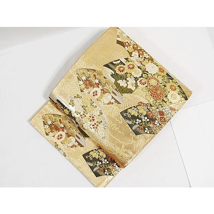 未使用】【錦 袋帯】地紙に吉祥四季花文／ゴールド【美品】 : kimono 