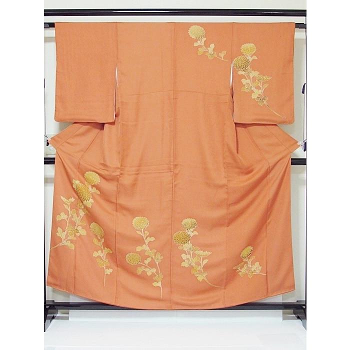 附下げ】袷着物 綸子／菊／159cm前後ベスト☆オレンジ【超美品】お薦め 