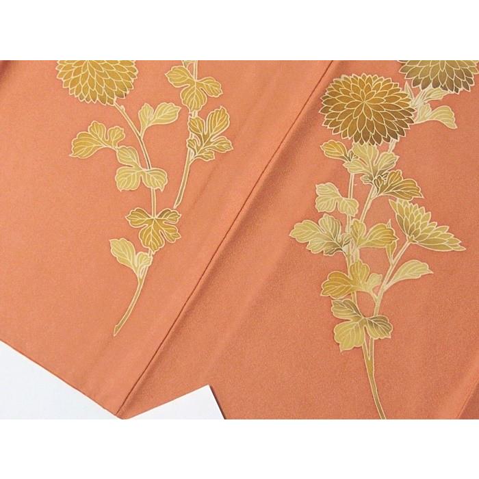 附下げ】袷着物 綸子／菊／159cm前後ベスト☆オレンジ【超美品】お薦め 