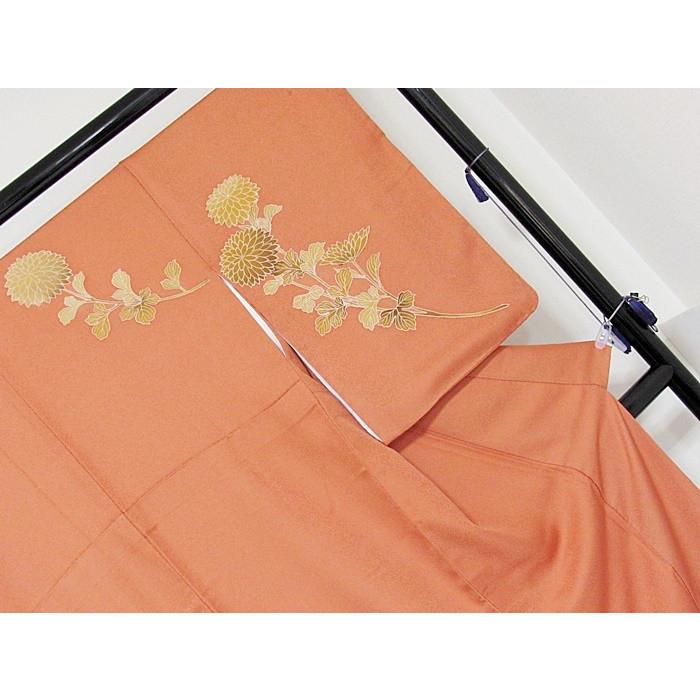附下げ】袷着物 綸子／菊／159cm前後ベスト☆オレンジ【超美品】お薦め 