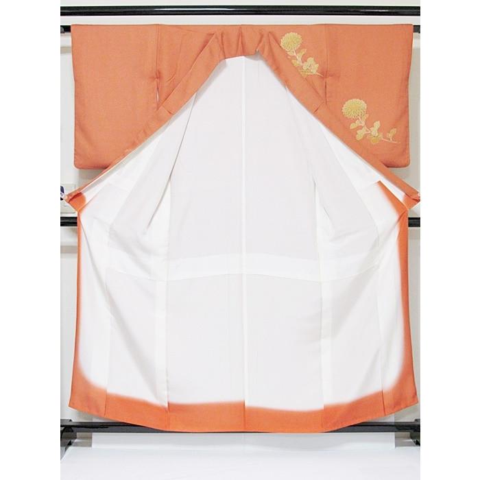 附下げ】袷着物 綸子／菊／159cm前後ベスト☆オレンジ【超美品】お薦め 