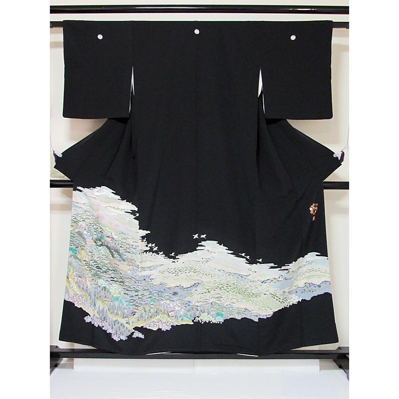 黒留袖 正絹 一越 比翼 京加賀 山水絵図に鶴 154cm前後ベスト 美品  