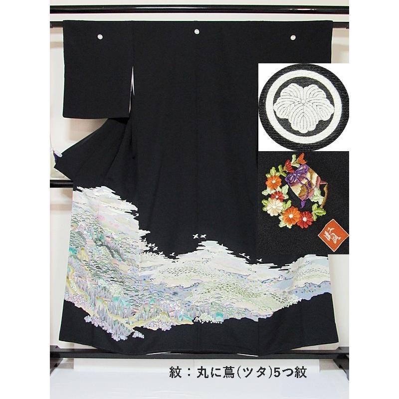 黒留袖 正絹 一越 比翼 京加賀 山水絵図に鶴 154cm前後ベスト 美品  