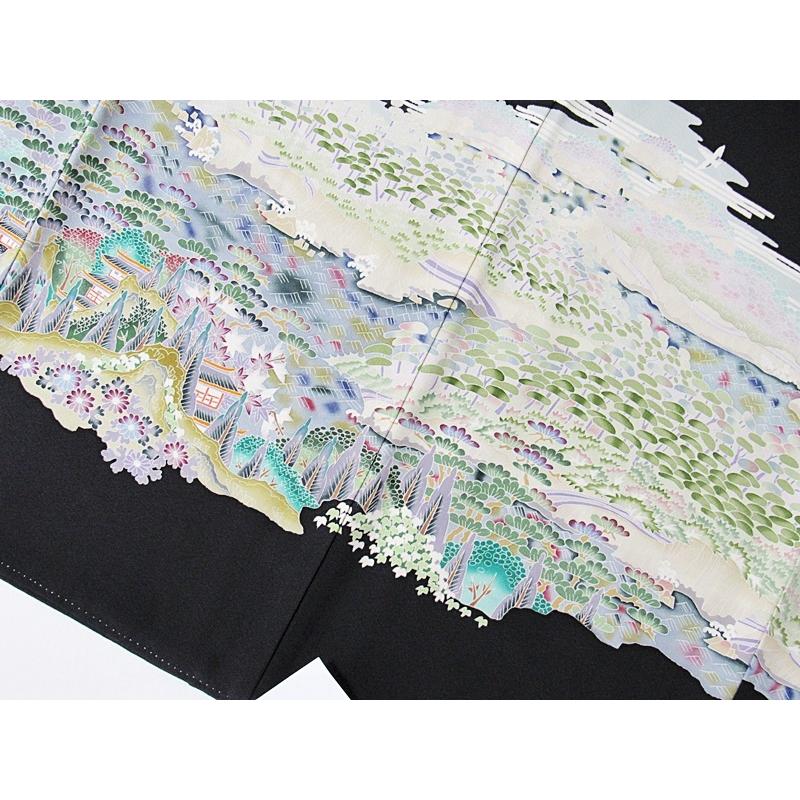 黒留袖 正絹 一越 比翼 京加賀 山水絵図に鶴 154cm前後ベスト 美品 