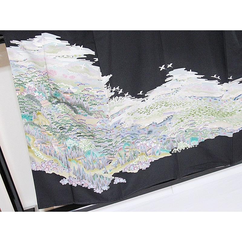 黒留袖 正絹 一越 比翼 京加賀 山水絵図に鶴 154cm前後ベスト 美品  