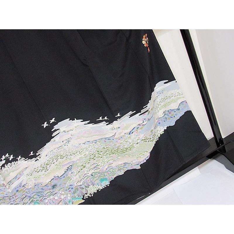 黒留袖 正絹 一越 比翼 京加賀 山水絵図に鶴 154cm前後ベスト 美品  