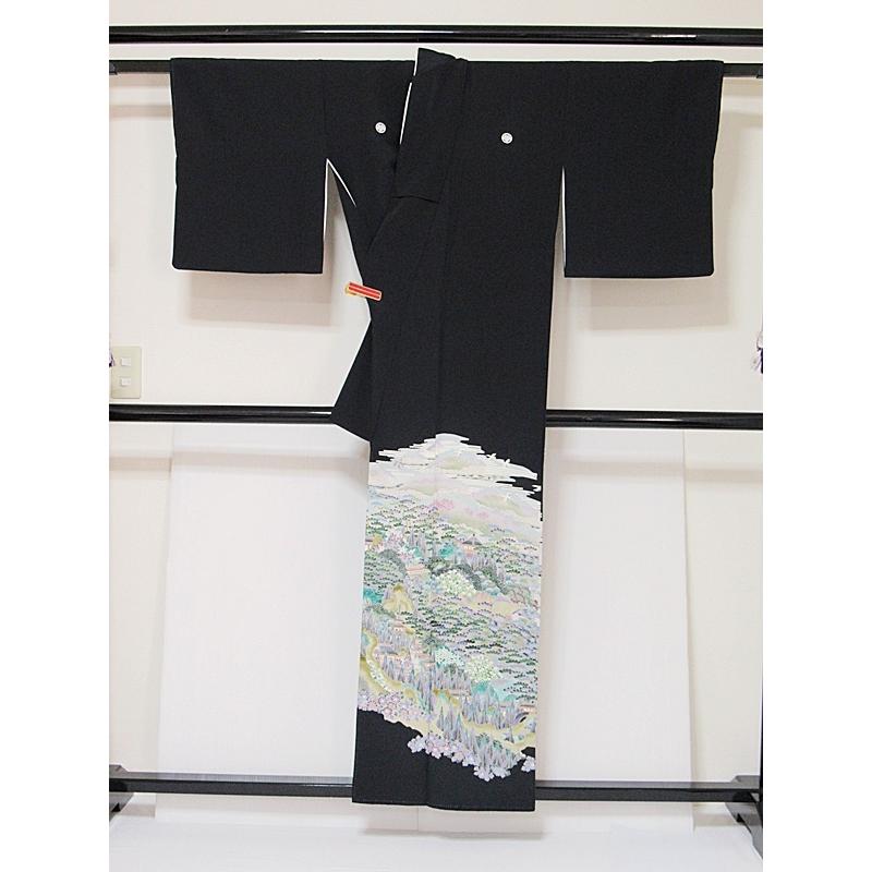 黒留袖 正絹 一越 比翼 京加賀 山水絵図に鶴 154cm前後ベスト 美品  
