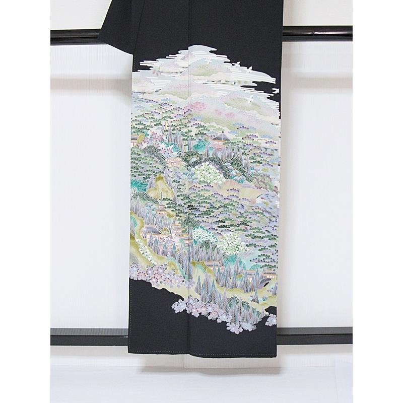 黒留袖 正絹 一越 比翼 京加賀 山水絵図に鶴 154cm前後ベスト 美品