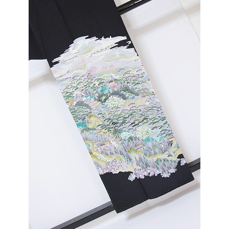 黒留袖 正絹 一越 比翼 京加賀 山水絵図に鶴 154cm前後ベスト 美品 