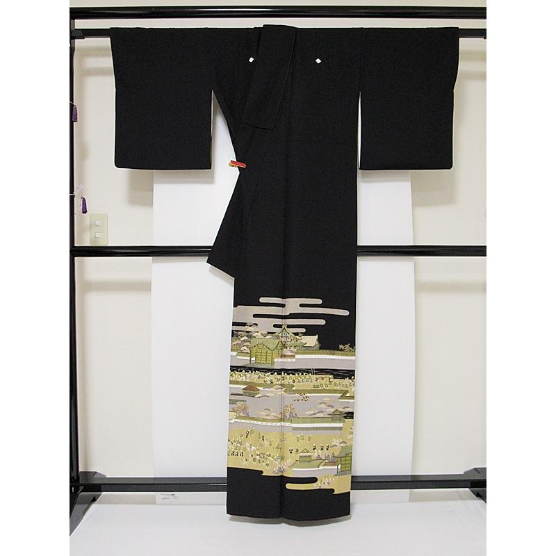 黒留袖 正絹 一越 比翼 落款 ヱ霞取りに大名行列 157cm前後ベスト 美品 