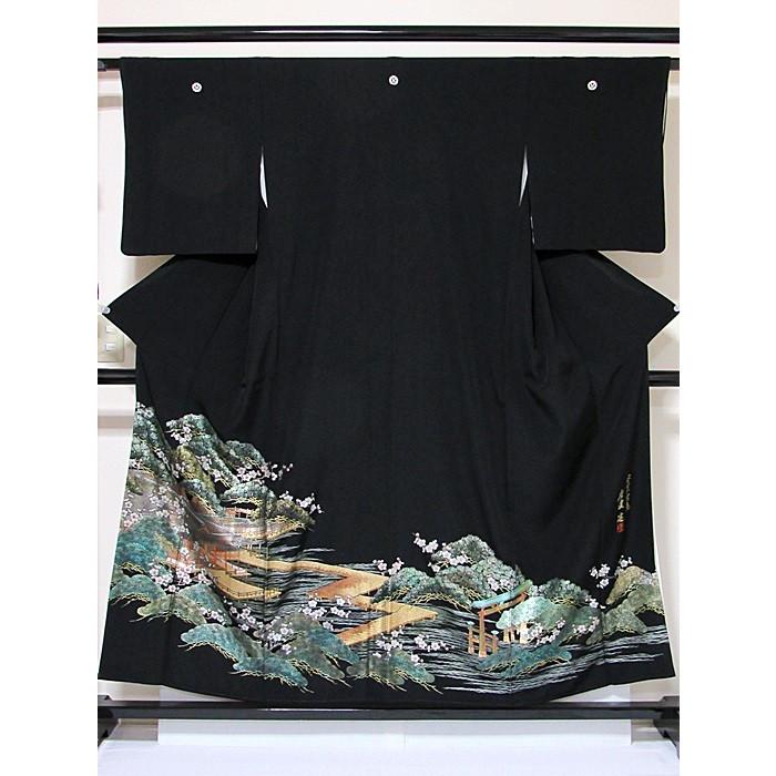 黒留袖 正絹比翼 落款 伝統金彩工芸師 唐渡建作 安芸宮島 153cm