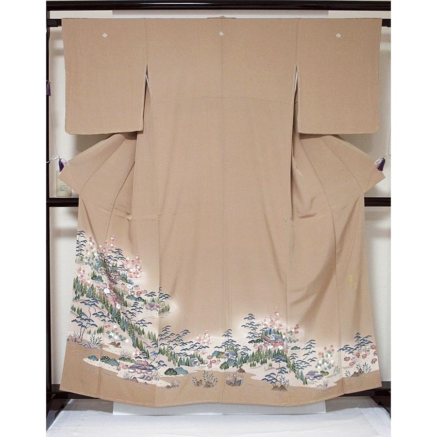 色留袖 未使用仕付け 正絹 比翼 落款 京加賀 山郷風景絵図 158.5cm前後 