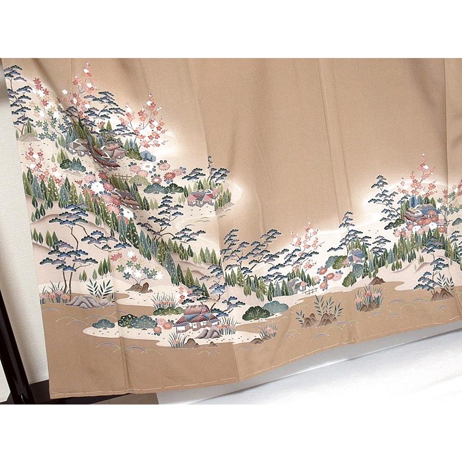 色留袖 未使用仕付け 正絹 比翼 落款 京加賀 山郷風景絵図 158.5cm前後 